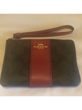 Coach Corner Zip Wristlet In Signature Canvas (Red/Brown)